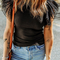 Luxury Dotty Mesh Ruffle Sleeve Ribbed Knit Top