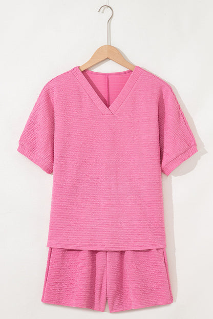 Luxury Textured V Neck T Shirt and Shorts Set