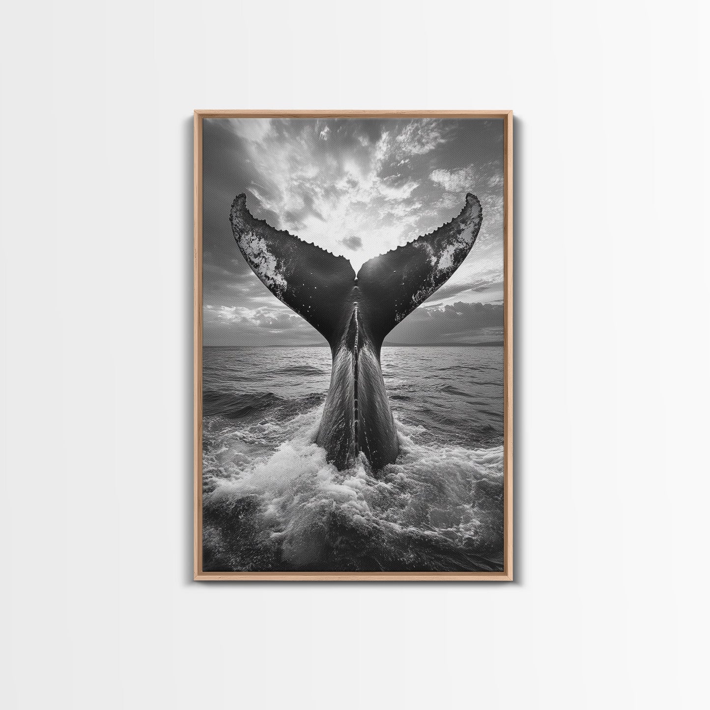 Whale Tail Splash, Ocean Sunset, Marine Majesty, Powerful Moment, Framed Canvas Print, Nautical Art, Coastal Living Room Decor