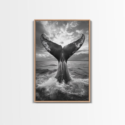 Whale Tail Splash, Ocean Sunset, Marine Majesty, Powerful Moment, Framed Canvas Print, Nautical Art, Coastal Living Room Decor