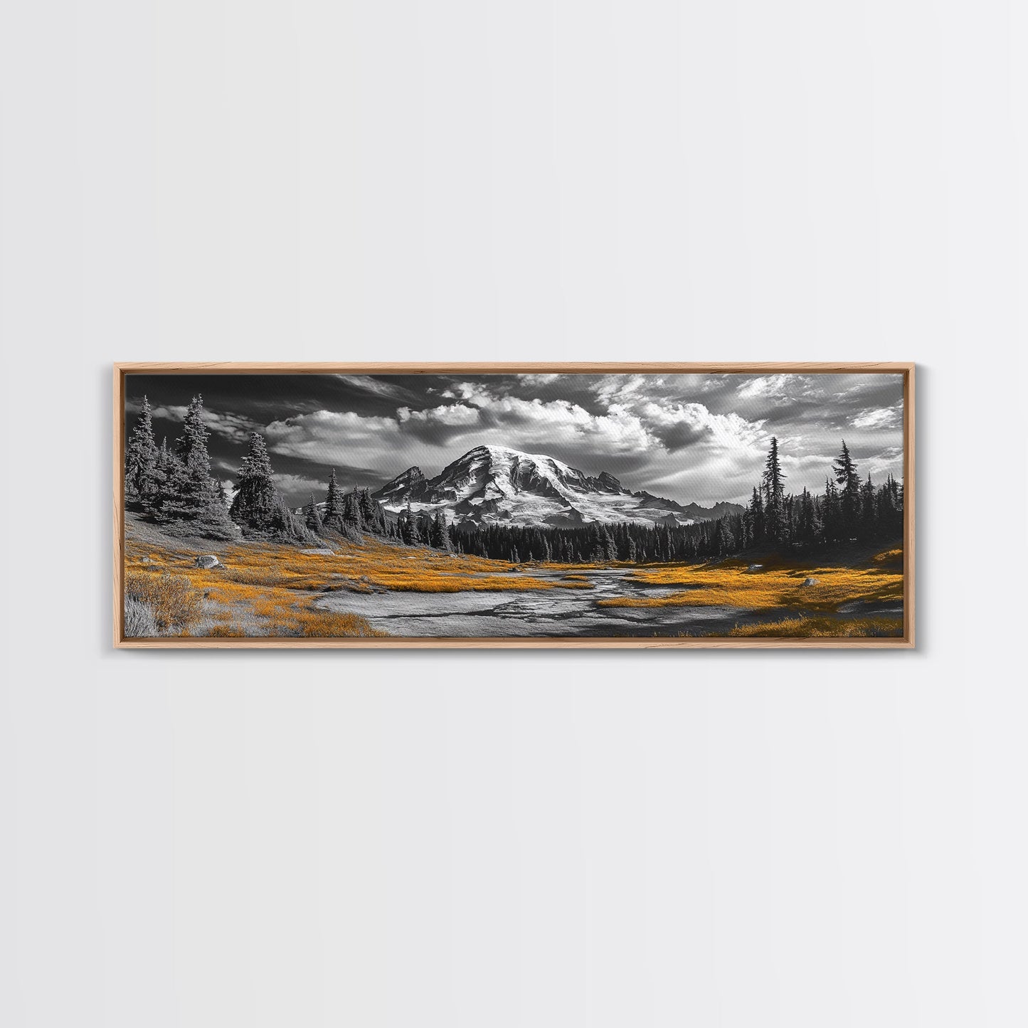 Majestic Mountain Scene, Snow Peaks and Meadows, Alpine Wilderness View, Framed Canvas Print, Cabin Wall Decor, Nature Wall Art