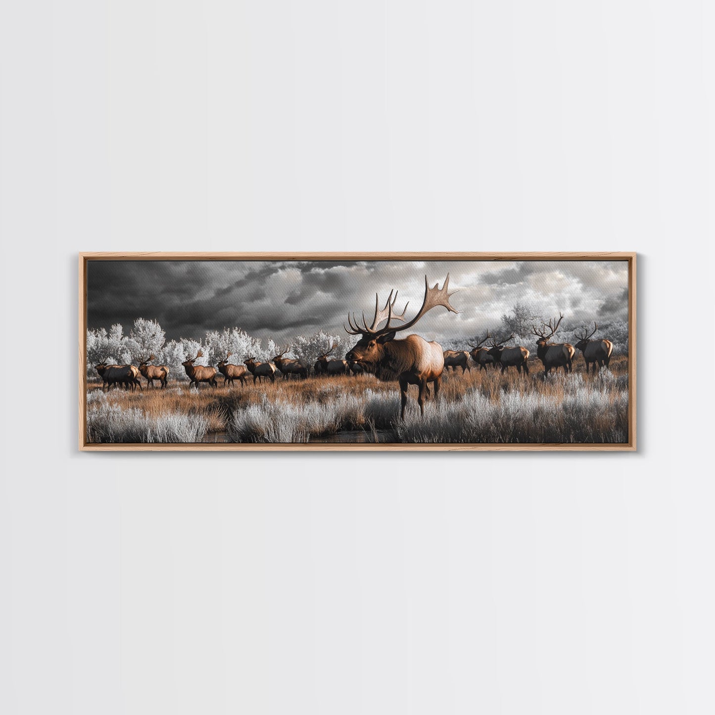 Elk Herd, Majestic Wildlife, Autumn Landscape, Framed Canvas Print, lodge decor, rustic mountain wall art, moody nature canvas