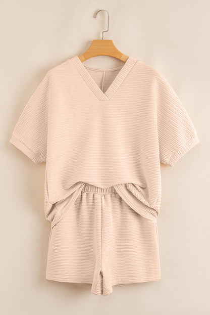 Luxury Textured V Neck T Shirt and Shorts Set