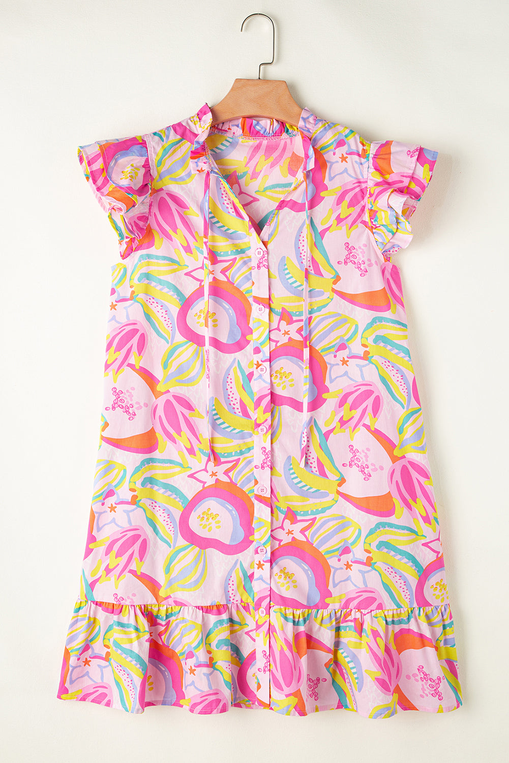 Luxury Abstract Floral Ruffle Trim Flutter Sleeve Buttoned Dress