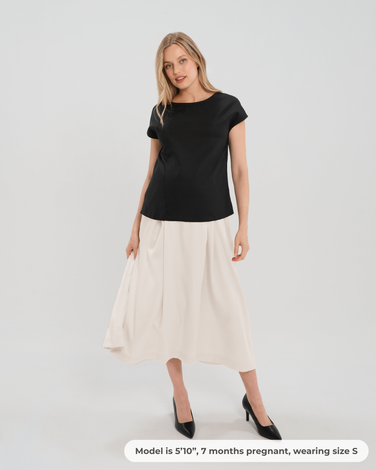 Pleated Maternity Maxi Skirt in Cream Satin | Over/Under Bump