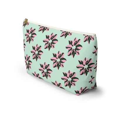 Pink Princess Philodendron Pattern Accessory Pouch – Zippered Catch-All With T-Bottom