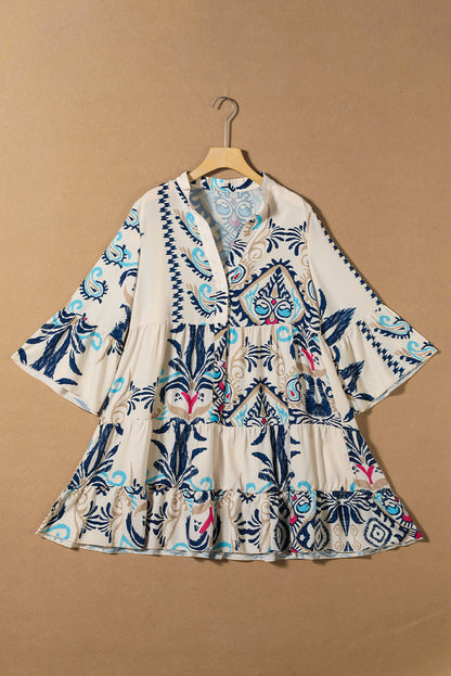 Boho Buttoned V-Neck 3/4 Sleeve Mini Dress