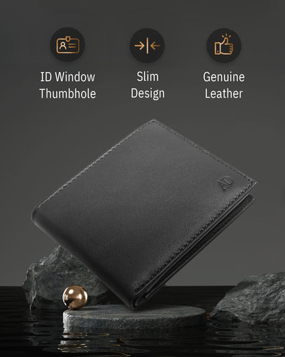 Genuine Leather Bifold Wallet – Flip-Up ID Window, RFID Blocking