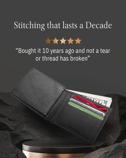 Genuine Leather Bifold Wallet – Flip-Up ID Window, RFID Blocking