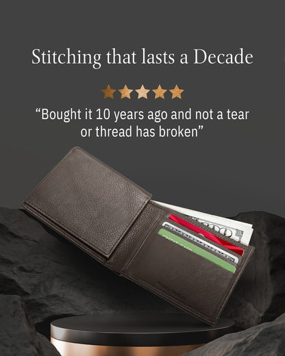 Genuine Leather Bifold Wallet – Flip-Up ID Window, RFID Blocking