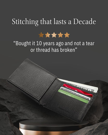 Genuine Leather Bifold Wallet – Flip-Up ID Window, RFID Blocking