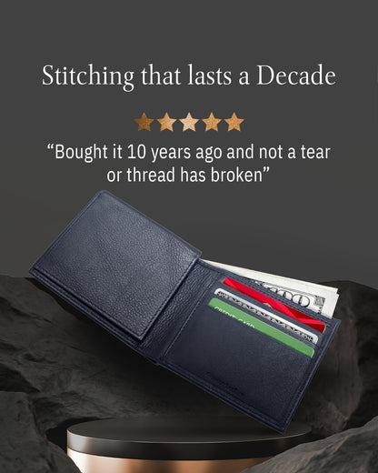 Genuine Leather Bifold Wallet – Flip-Up ID Window, RFID Blocking