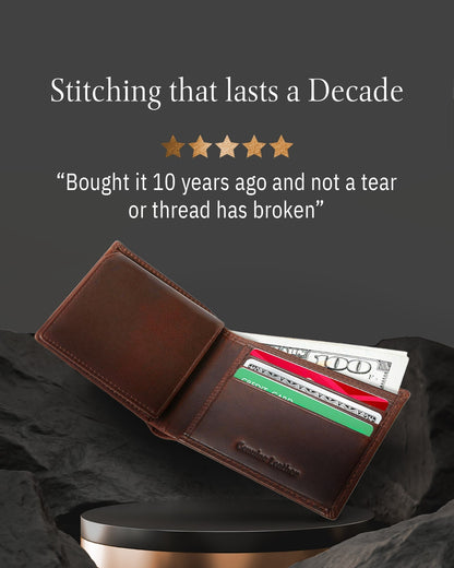 Genuine Leather Bifold Wallet – Flip-Up ID Window, RFID Blocking
