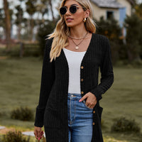 Ribbed Button-Up Cardigan with Pockets