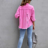 Distressed Drop Shoulder Fringe Denim Jacket Cotton Blend