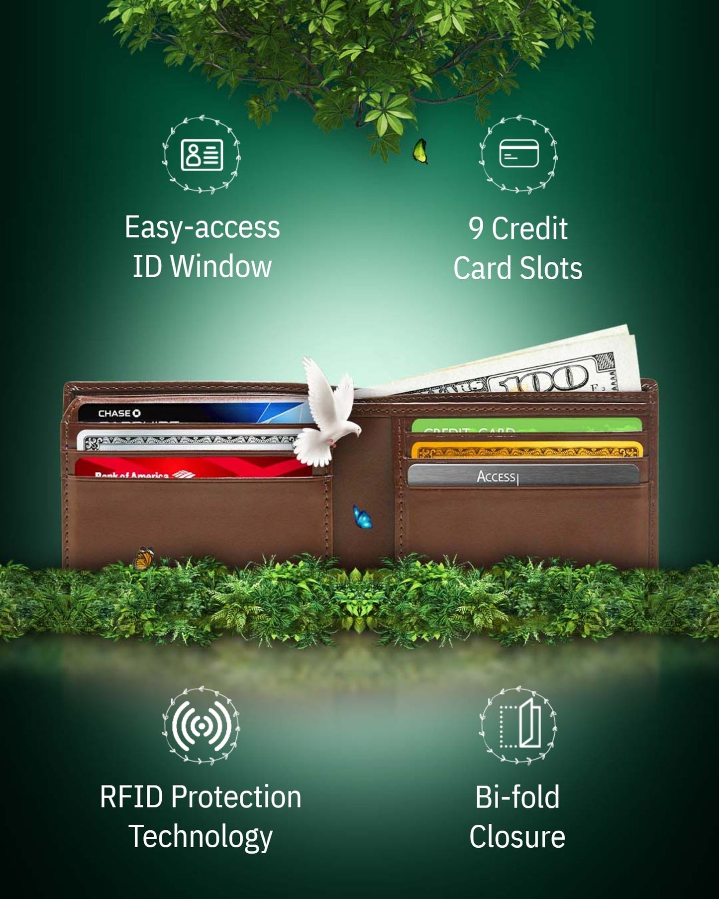 Vegan Leather Bifold Wallet – ID Window, RFID Blocking