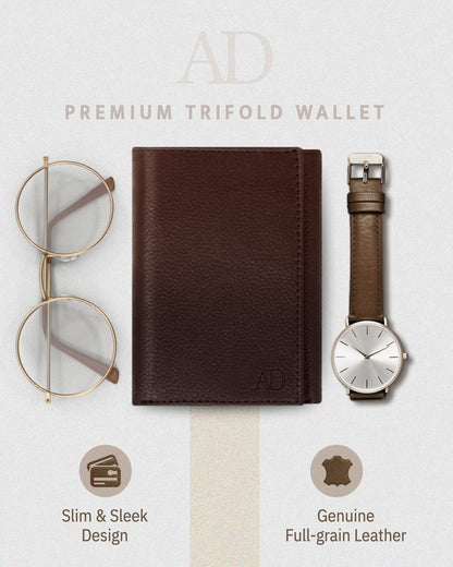 Genuine Leather Trifold Wallet – ID Window, 7 Card Slots, RFID Blocking
