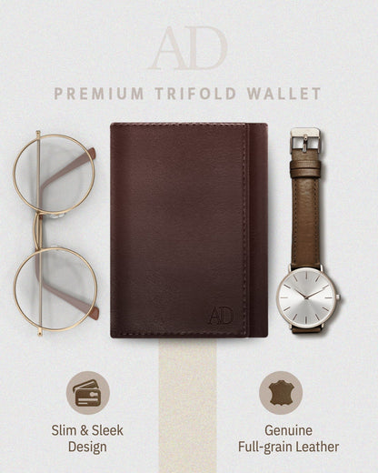 Genuine Leather Trifold Wallet – ID Window, 7 Card Slots, RFID Blocking