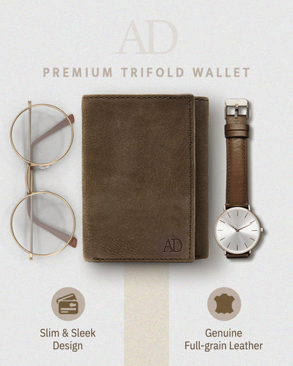 Genuine Leather Trifold Wallet – ID Window, 7 Card Slots, RFID Blocking