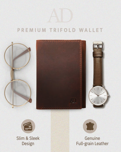 Genuine Leather Trifold Wallet – ID Window, 7 Card Slots, RFID Blocking