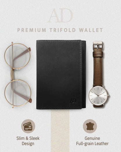Genuine Leather Trifold Wallet – ID Window, 7 Card Slots, RFID Blocking