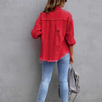 Distressed Drop Shoulder Fringe Denim Jacket Cotton Blend