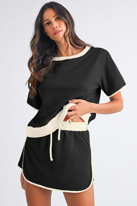 Luxury Colorblock Edge Drop Shoulder T Shirt and Skort Set