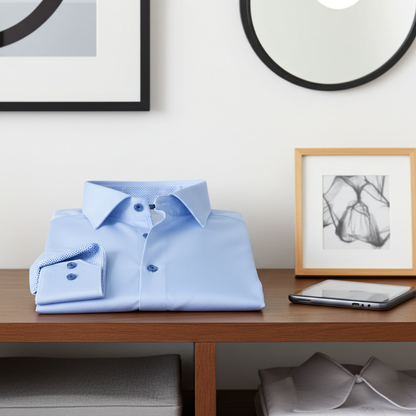Joshua// Cotton Knit-Stretch Button-Up Shirt With Contrast Details // Blue // Tailored Fit (Fitted)