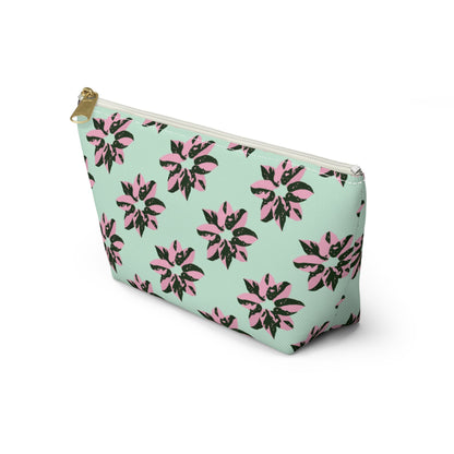 Pink Princess Philodendron Pattern Accessory Pouch – Zippered Catch-All With T-Bottom