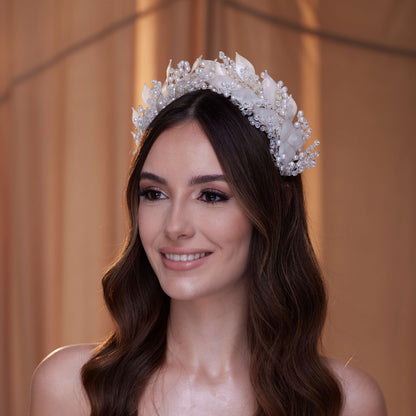 Crystal Pearl  Hair Band with Resin Leaves