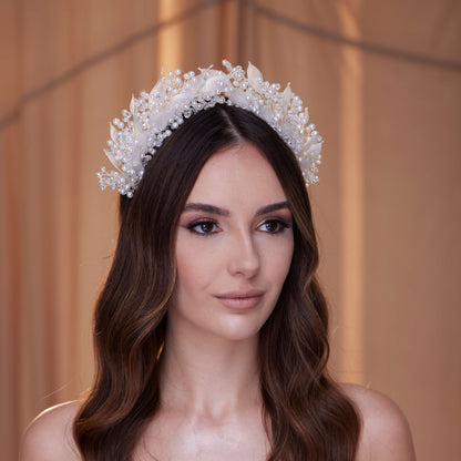 Crystal Pearl  Hair Band with Resin Leaves