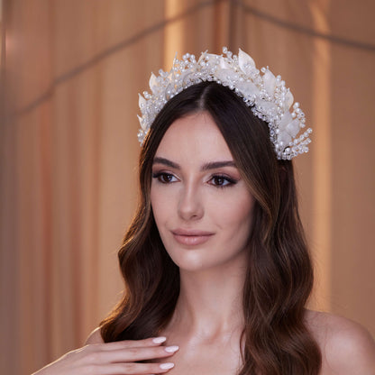 Crystal Pearl  Hair Band with Resin Leaves