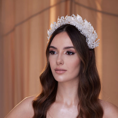 Crystal Pearl  Hair Band with Resin Leaves