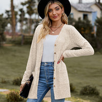 Ribbed Button-Up Cardigan with Pockets