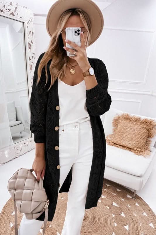 Eyelet Cardigan with Buttons Cream Black Pink Cotton Knit