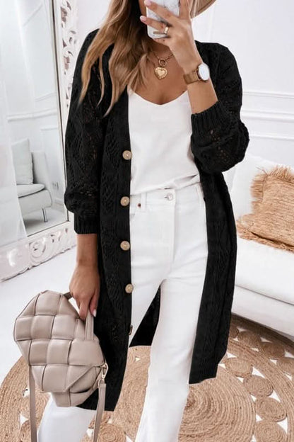 Eyelet Cardigan with Buttons Cream Black Pink Cotton Knit