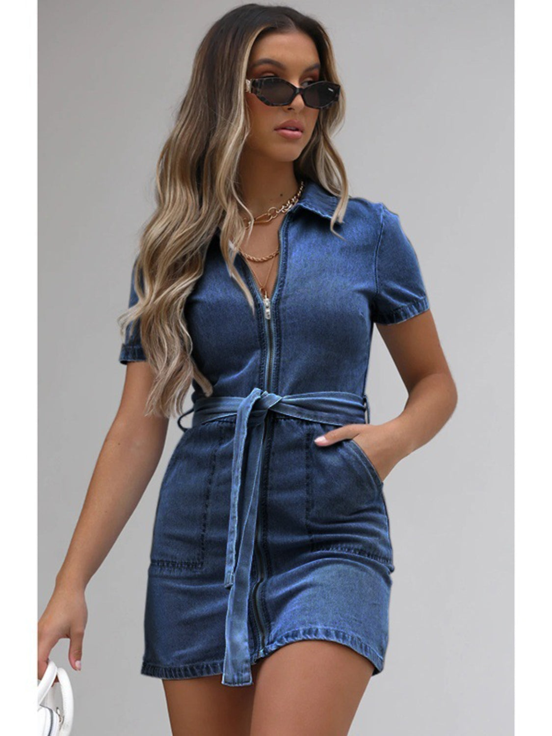 PREORDER: Fia Full Size Zip Front Short Sleeve Denim Dress Plus Size