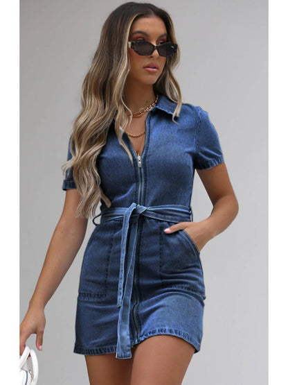 PREORDER: Fia Full Size Zip Front Short Sleeve Denim Dress Plus Size