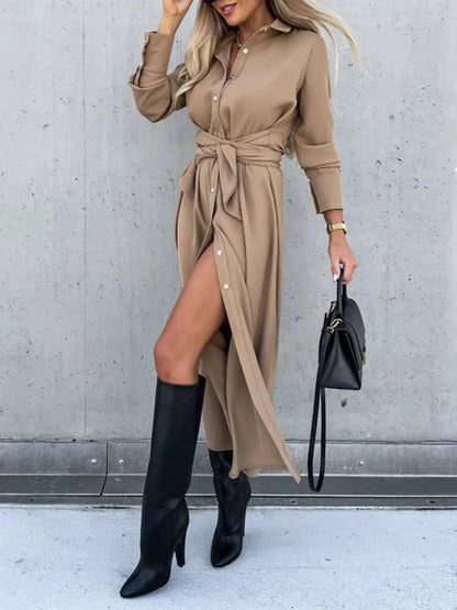 Button Front Long Sleeve Shirt Dress