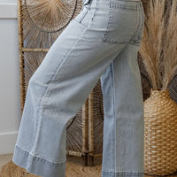 Sky Blue Striped Button Flap Pocket Wide Leg Denim Jeans