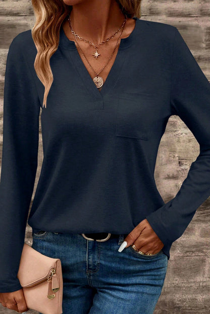 Dirty Blue Notch V Neck Pocket Patched Long Sleeve Women's T-Shirt