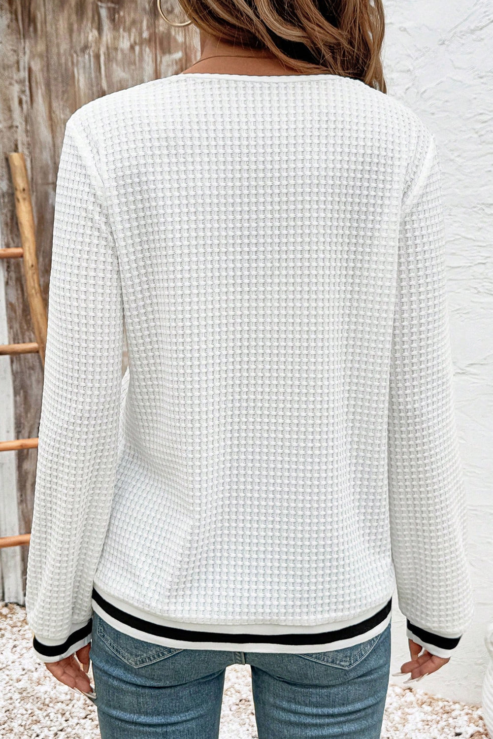 White Textured Knit Preppy Striped Trim V Neck Pullover Waffle Women's Top