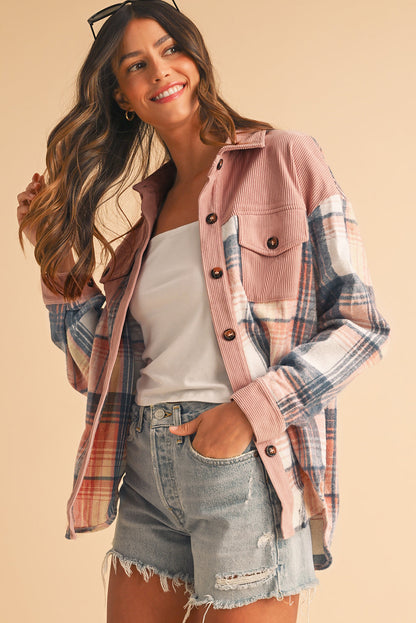 Cinnamon Plaid Corduroy Shacket with Patchwork Pockets for Effortless Style