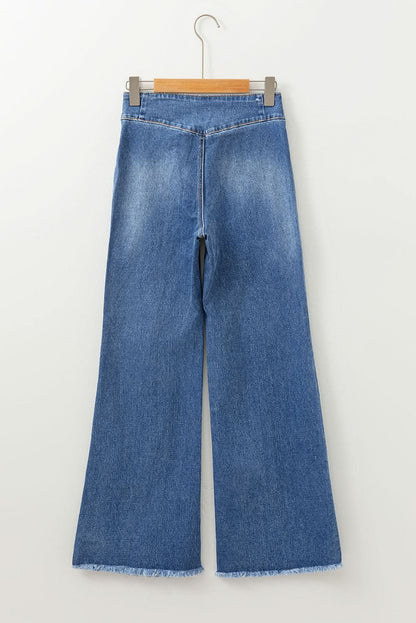 Sail Blue High Waist Jeans With Button Fly And Raw Hem