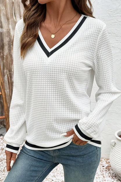 White Textured Knit Preppy Striped Trim V Neck Pullover Waffle Women's Top