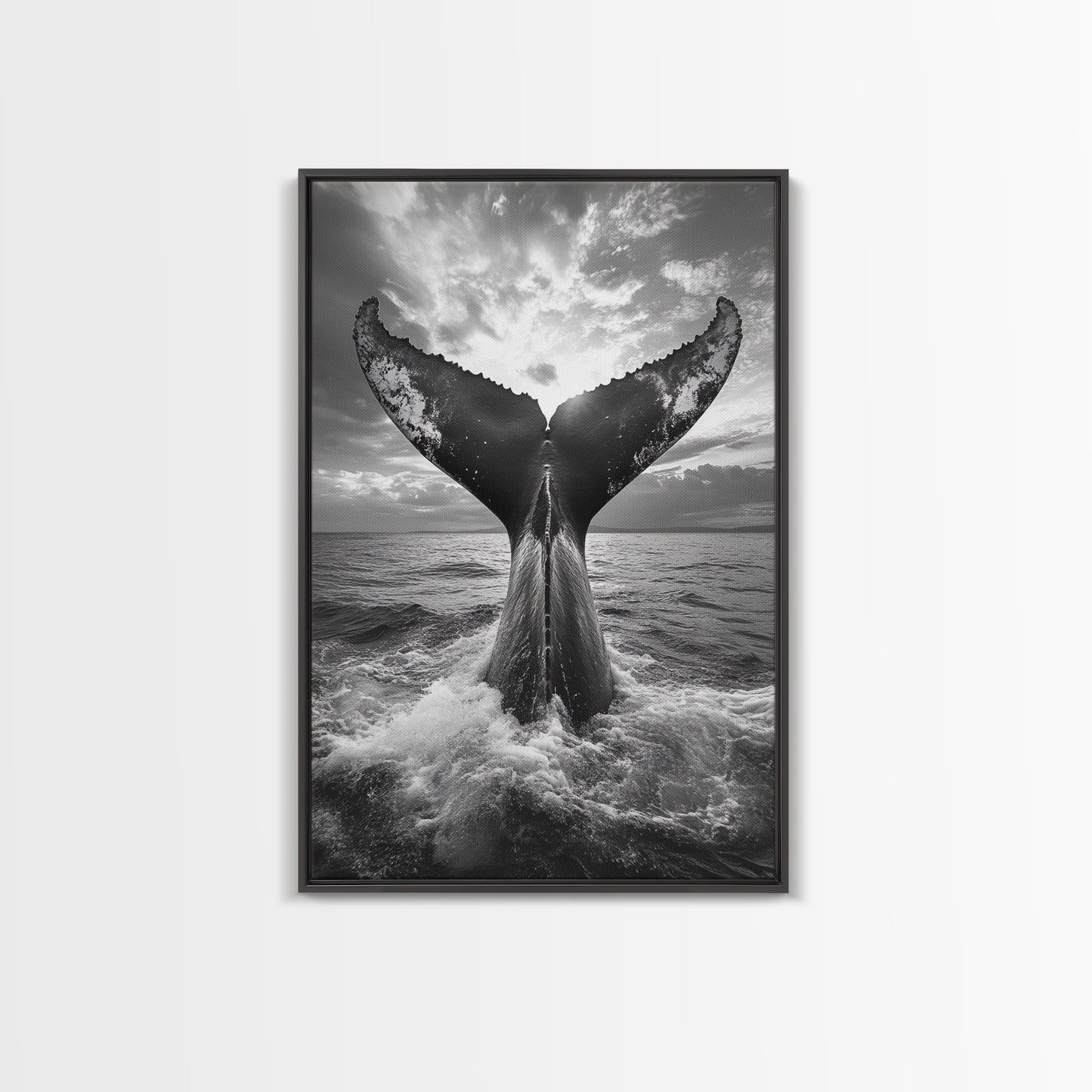 Whale Tail Splash, Ocean Sunset, Marine Majesty, Powerful Moment, Framed Canvas Print, Nautical Art, Coastal Living Room Decor