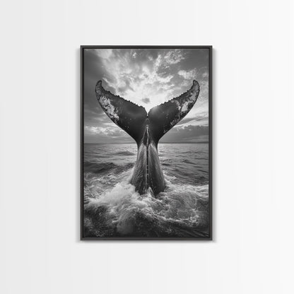 Whale Tail Splash, Ocean Sunset, Marine Majesty, Powerful Moment, Framed Canvas Print, Nautical Art, Coastal Living Room Decor