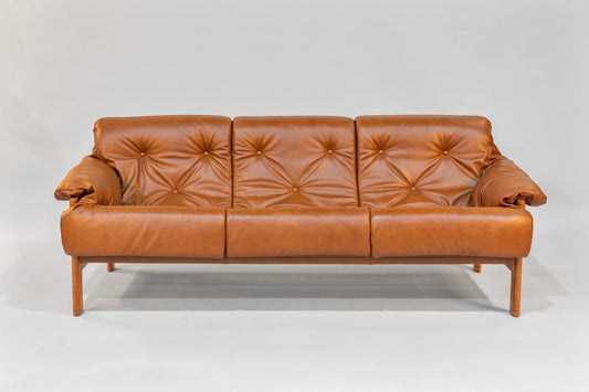 Sofa – Brown Leather with Tiger Maple Arms (Honey)