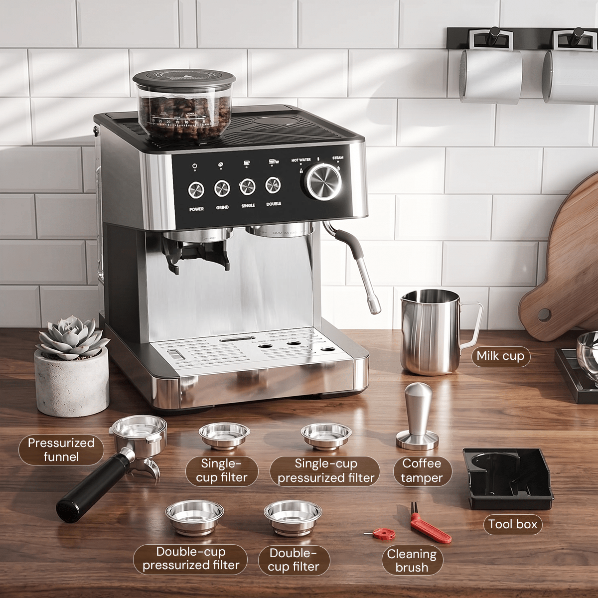 Kismile Espresso Machine, Semi-Automatic Coffee Maker with Bean Grinder and Milk Frother Steam Wand