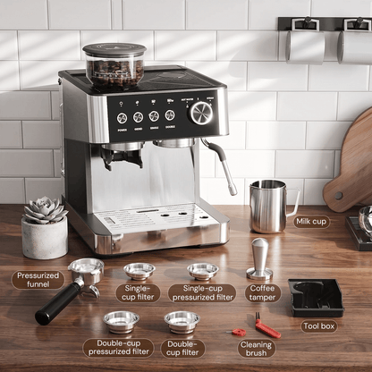 Kismile Espresso Machine, Semi-Automatic Coffee Maker with Bean Grinder and Milk Frother Steam Wand
